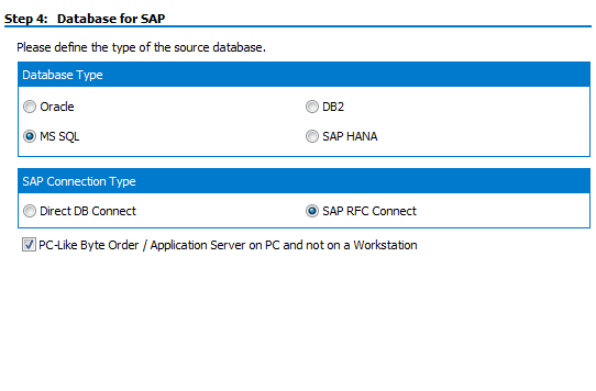 Repository Wizard – Step 4 – specifying the SAP database type and connection method